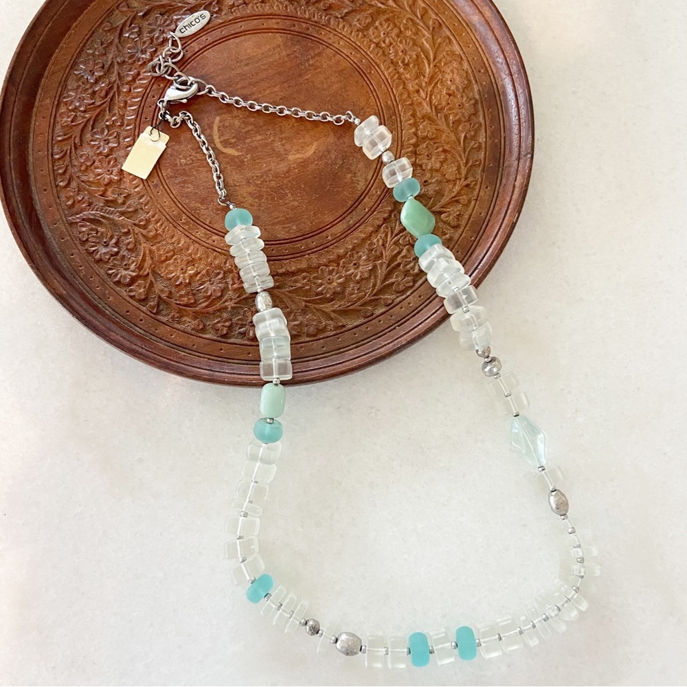Chico’s Aqua Blue Frosted Seaglass Stone Long Necklace NWT Summer Coastal